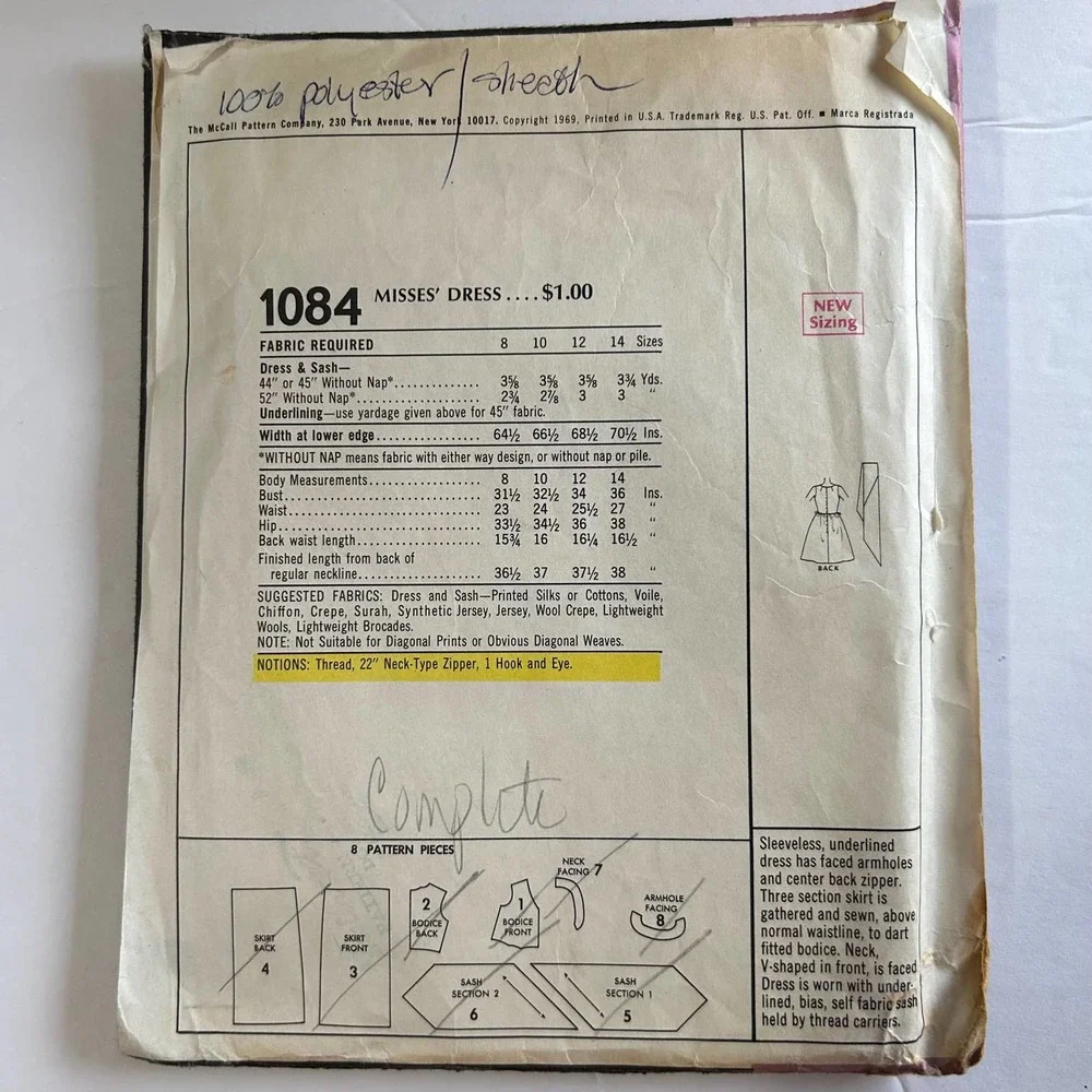 McCalls Vintage‎ Designer Collection Jacques Tiffeau Pattern #N/1084 Dress Sz 10